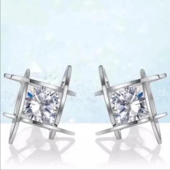 STERLING SILVER 3D CAGE DIAMOND EARRINGS, BEAUTIFUL EARRINGS, CUTE EARRINGS. - Picture 3 of 6